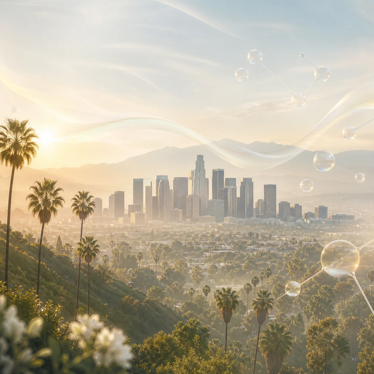 Downtown Los Angeles skyline at sunrise