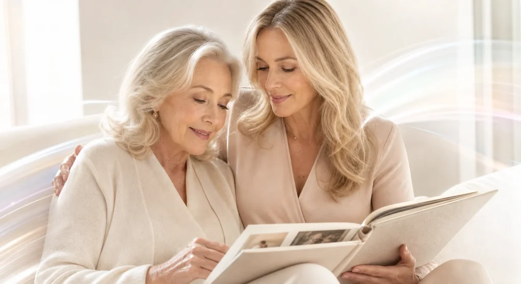 Older woman and her daughter looking through a family photo album in a sunlit home