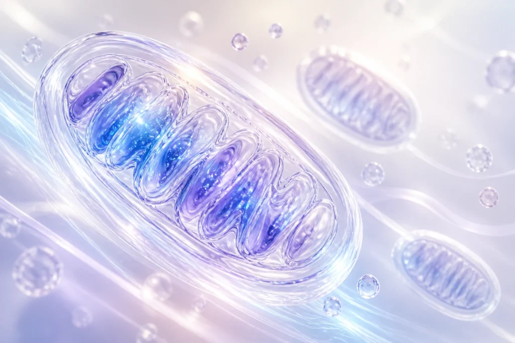 Translucent mitochondria-inspired forms with blue and lavender cellular light