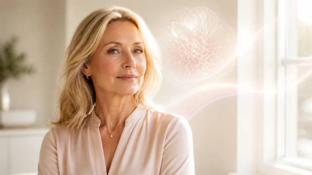 Elegant blonde woman with an abstract pearl cellular bloom