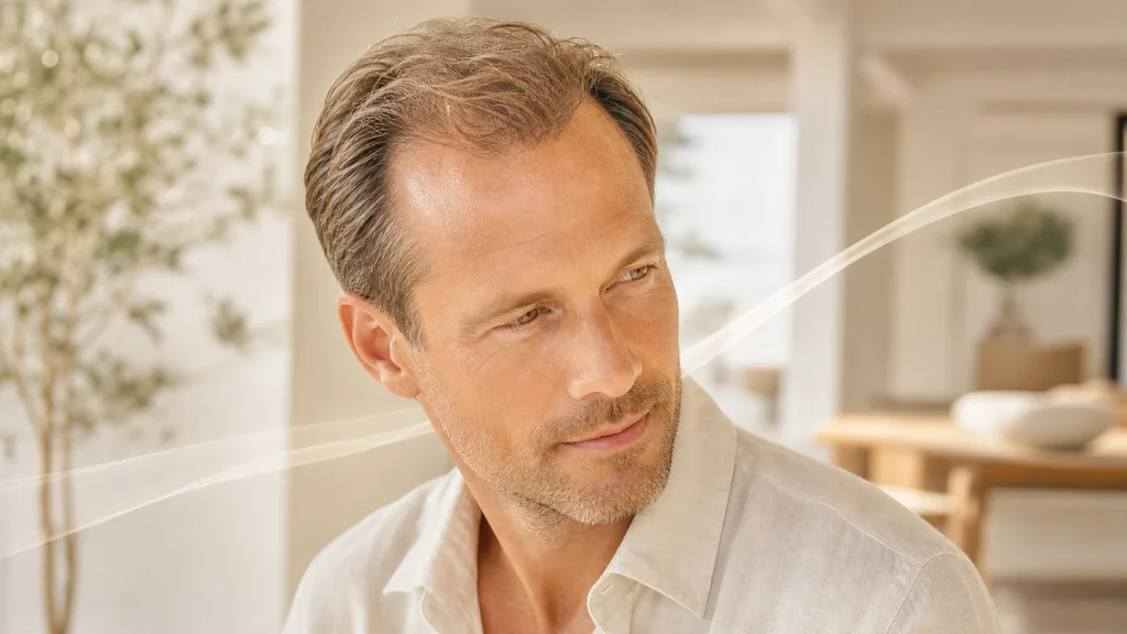 California man with a naturally receding hairline and mild hair thinning