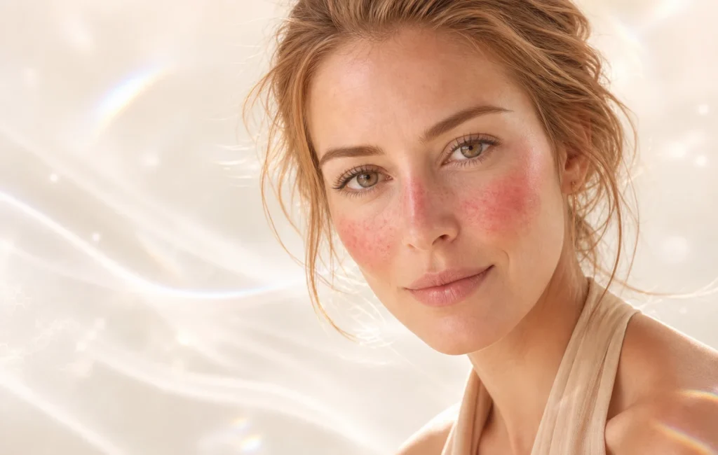 Close portrait of a California woman with gentle butterfly-pattern facial redness looking toward the camera