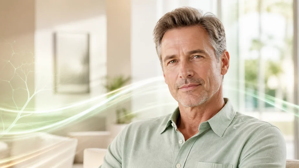 Well-groomed man with an abstract pale green vascular light motif