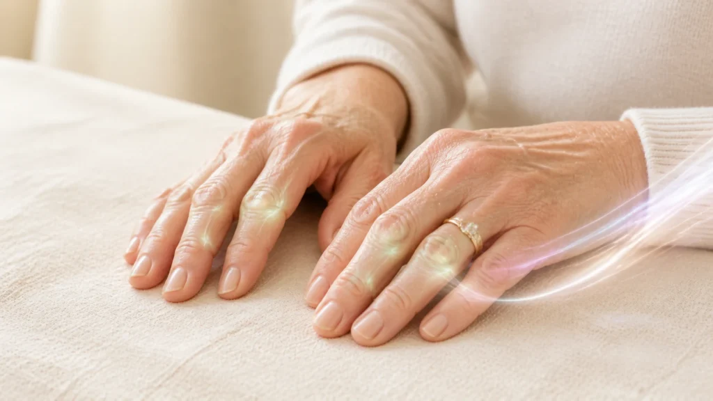 Older woman hands with softly illuminated finger joints